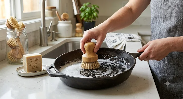 A wooden brush cleaning a cast iron skillet using the best dish soap bar on a modern kitchen counter