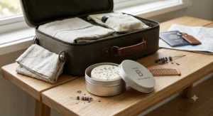 A solid shampoo bar stored inside an aluminum travel tin next to a packed suitcase.