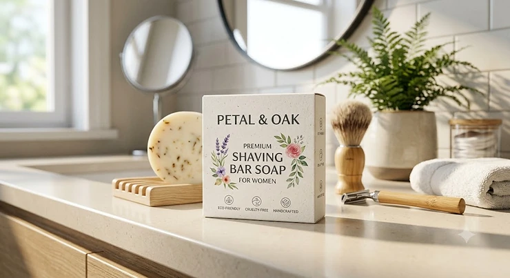 Eco friendly packaging of a premium shaving bar soap for women on a bathroom counter