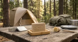 Plant-based dish soap bar for camping resting on a bamboo soap dish outdoors