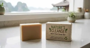 An unwrapped best dish soap bar displayed alongside its compostable paper packaging