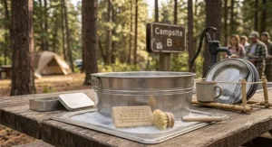Campground dishwashing setup showing a stainless steel tub, brush, and dish soap bar for camping