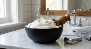 Close-up of thick, white lather whipped up inside a textured black ceramic shaving soap and bowl set.