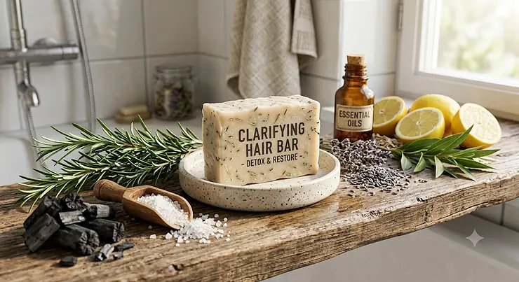 An illustration of a natural clarifying hair bar surrounded by fresh botanical ingredients, showcasing its detoxifying properties for scalp care.