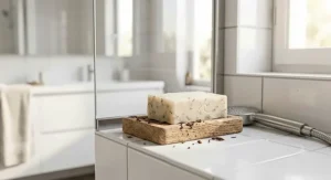 A lifestyle illustration of a premium clarifying hair bar resting on a wooden soap saver dish in a modern American bathroom shower.