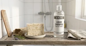 A side-by-side comparative illustration displaying a compact clarifying hair bar next to a traditional plastic liquid shampoo bottle.