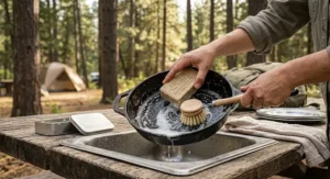 Camper using a natural dish soap bar for camping to clean a cast iron skillet outdoors