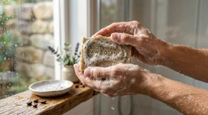 A photorealistic 4K close-up photograph of wet hands creating a rich, creamy white lather with the RAW BOTANICS exfoliating body soap bar from image_0.png. Embedded coffee grounds and oat particles are visible within the voluminous foam, highlighted by soft natural daylight.