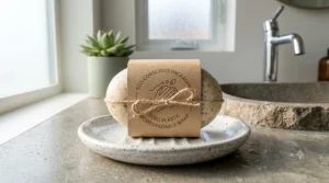 An eco-friendly antibacterial hand soap bar wrapped in sustainable, zero-waste paper packaging.