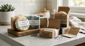 Zero waste packaging for the best shampoo bar options, showcasing plastic-free cardboard boxes.