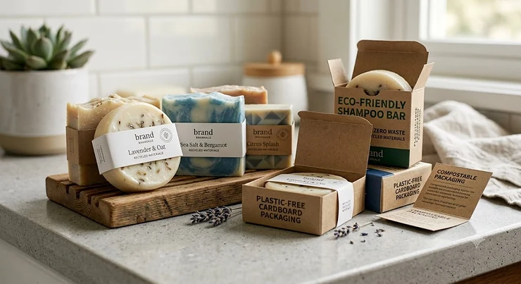 Zero waste packaging for the best shampoo bar options, showcasing plastic-free cardboard boxes.