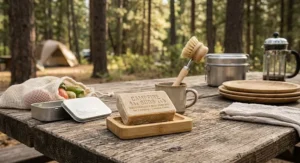 Zero-waste camp kitchen setup featuring a biodegradable dish soap bar for camping and wooden scrub brush