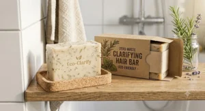 An illustration highlighting an eco-friendly clarifying hair bar next to its sustainable, zero-waste cardboard packaging.