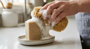 Close-up of soapy suds being created from the best dish soap bar with a natural sponge