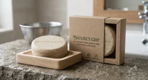 Eco-friendly paper packaging next to a textured mens shaving soap bar.