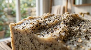 An extreme macro, high-resolution photograph showcasing the gritty, exfoliating texture of the oat and coffee soap bar. Natural light highlights embedded dark coffee grounds and light oat fragments.
