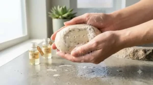 An illustration of gentle suds from an antibacterial hand soap bar protecting sensitive skin during handwashing.