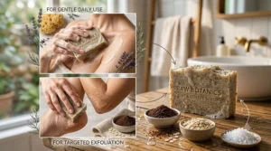 A photorealistic 4K illustration featuring a split-panel view. The left panels show detailed close-ups: one of gentle application on sensitive skin, the other of targeted scrubbing on rough heels, using the RAW BOTANICS exfoliating soap bar. The right panel displays the bar itself with its raw ingredients, all set within the natural bathroom aesthetic of image_0.png.
