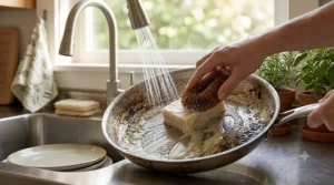 An infographic-style illustration highlighting the tough grease-cutting properties of a specialized kitchen sink soap bar.
