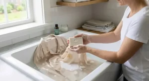Lathering a stain remover bar in a sink filled with water to hand wash delicate fabrics