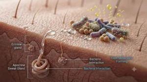 An educational diagram illustrating how skin bacteria interacts with sweat to cause body odor.