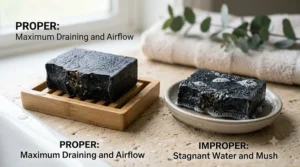 An illustration showing how to properly store your bar soap for body odor on a draining dish to make it last longer.