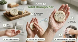 An infographic illustrating how to use a shampoo bar by rubbing it between wet hands to create a rich lather.