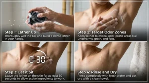 A step-by-step guide on how to wash properly with a specialized bar soap for body odor.