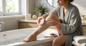 Illustration showing a woman lathering a moisturizing shaving bar soap for women on her legs