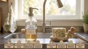 A side-by-side comparison illustration evaluating liquid dish soap versus an eco-friendly bar soap for the kitchen sink.