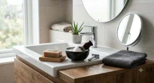A minimalist bathroom sink setup featuring a mens shaving bar soap, a shaving bowl, and a clean towel.