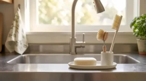 A minimalist and modern kitchen sink counter display featuring a solid dish soap bar and a ceramic