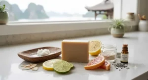 Natural ingredients like coconut oil and citrus slices arranged around the best dish soap bar