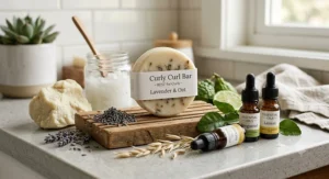An eco-friendly shampoo bar surrounded by natural ingredients like coconut oil, shea butter, and essential oils.