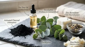 A graphic showing natural ingredients found in effective bar soap for body odor, including tea tree oil and charcoal.