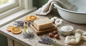 An arrangement of natural plant-based ingredients and essential oils used to make eco-friendly bar soap for hand washing laundry.