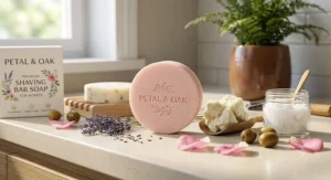 All natural ingredients including shea butter and coconut oil next to a pink shaving bar soap for women