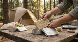 Camper packing an eco-friendly dish soap bar for camping into a compact aluminum travel case