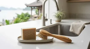 A minimalist kitchen sink setup featuring a natural wood dish brush and the best dish soap bar on a ceramic tray