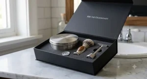 A premium shaving soap and bowl set arranged beautifully inside a matte black groomsmen gift box.