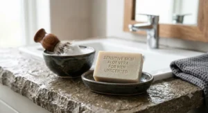 An unscented, soothing shaving bar soap for men formulated with aloe vera for sensitive skin.
