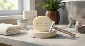 A safety razor resting next to a fragrance free shaving bar soap for women with sensitive skin