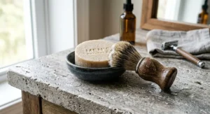A rustic wooden shaving brush resting next to a natural shaving bar soap for men on a stone countertop.