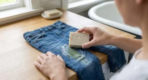 Pre-treating tough grass stains on kids jeans with a solid laundry stain remover bar