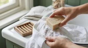 Close-up of spot treating a tough shirt collar stain by rubbing a solid bar soap for hand washing laundry directly onto wet fabric.