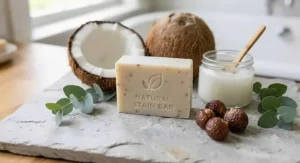 Natural stain remover bar with coconut oil and plant-based ingredients displayed on a stone surface