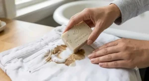 Close-up of a stain remover bar lifting a fresh coffee stain out of white denim