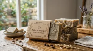 A photorealistic, high-resolution illustration of the RAW BOTANICS oat and coffee exfoliating body soap bar packaged in an eco-friendly, biodegradable, kraft paper wrapper, next to an identical unboxed bar. Natural daylight highlights the textures, with 'Biodegradable & Compostable' and 'Plastic-Free' text visible, all set within the natural bathroom aesthetic of image_0.png.