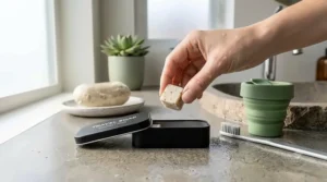 A lightweight and travel-friendly antibacterial hand soap bar packed securely inside a compact travel case.