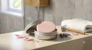 A compact aluminum travel case holding a round shaving bar soap for women
